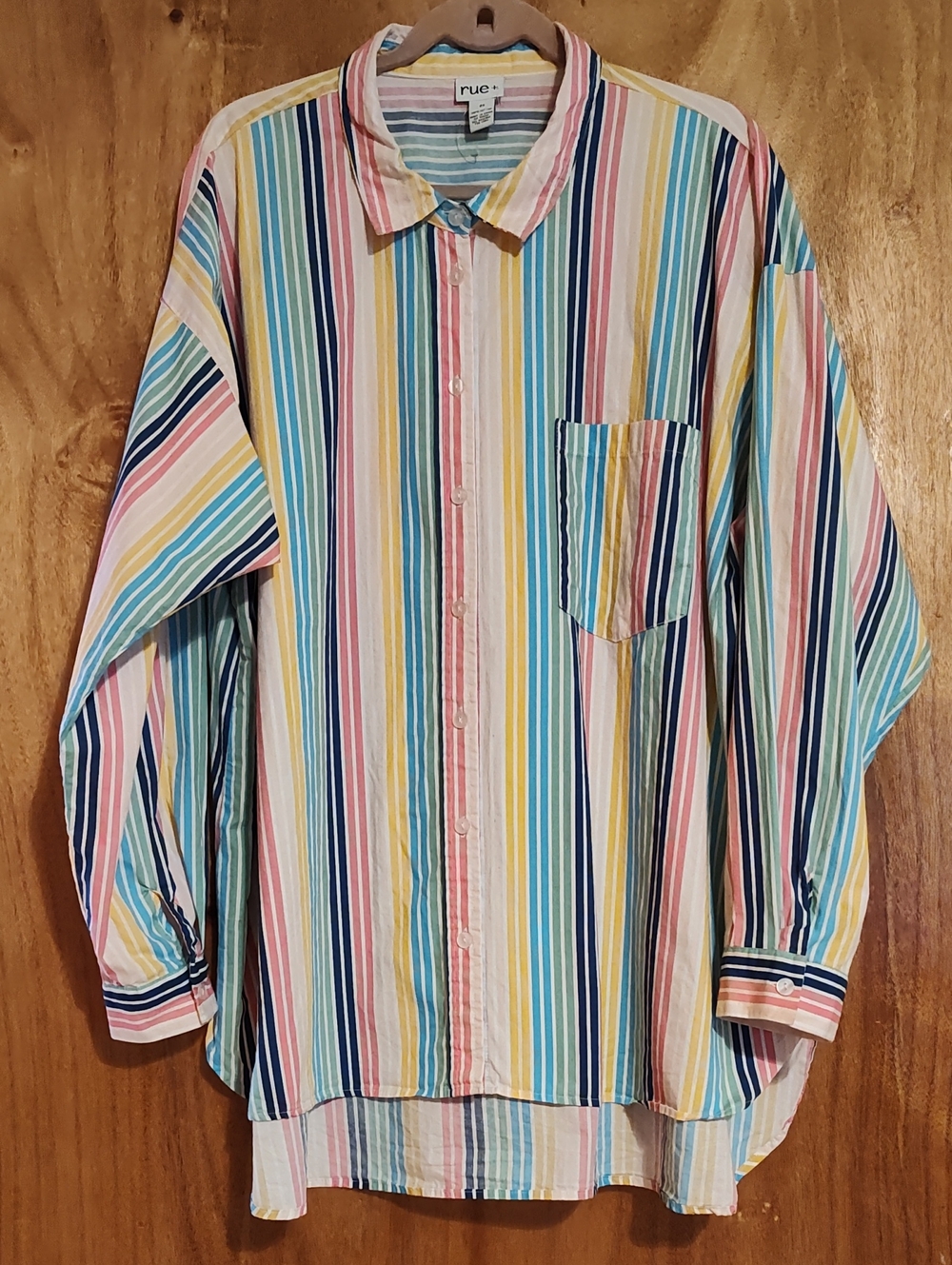Rue 21 Womens Oversized Button-Up Shirt Blue Pink Green Yellow Stripe Cotton 2X